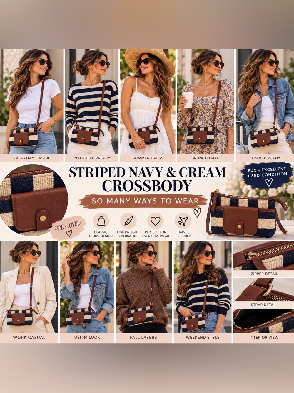 Striped Navy and Cream Crossbody Bag with Brown Leather Trim BOX32BAGS